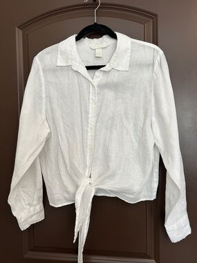 H&M White 100% Linen Tie-Front Button Down Shirt. Medium